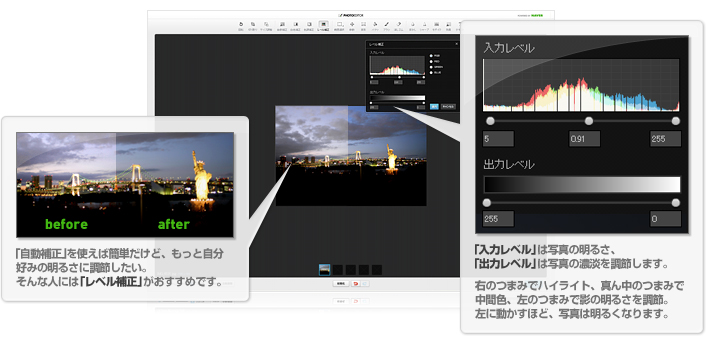 「入力レベル」は写真の明るさ、「出力レベル」は写真の濃淡を調節します。右のつまみでハイライト、真ん中のつまみで中間色、左のつまみで影の明るさを調節。左に動かすほど、写真は明るくなります。 「自動補正」を使えば簡単だけど、もっと自分好みの明るさに調節したい。そんな人には「レベル補正」がおすすめです。