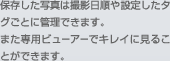 保存した写真は撮影日順や設定したタグごとに管理できます。また専用ビューアでキレイに見ることができます。